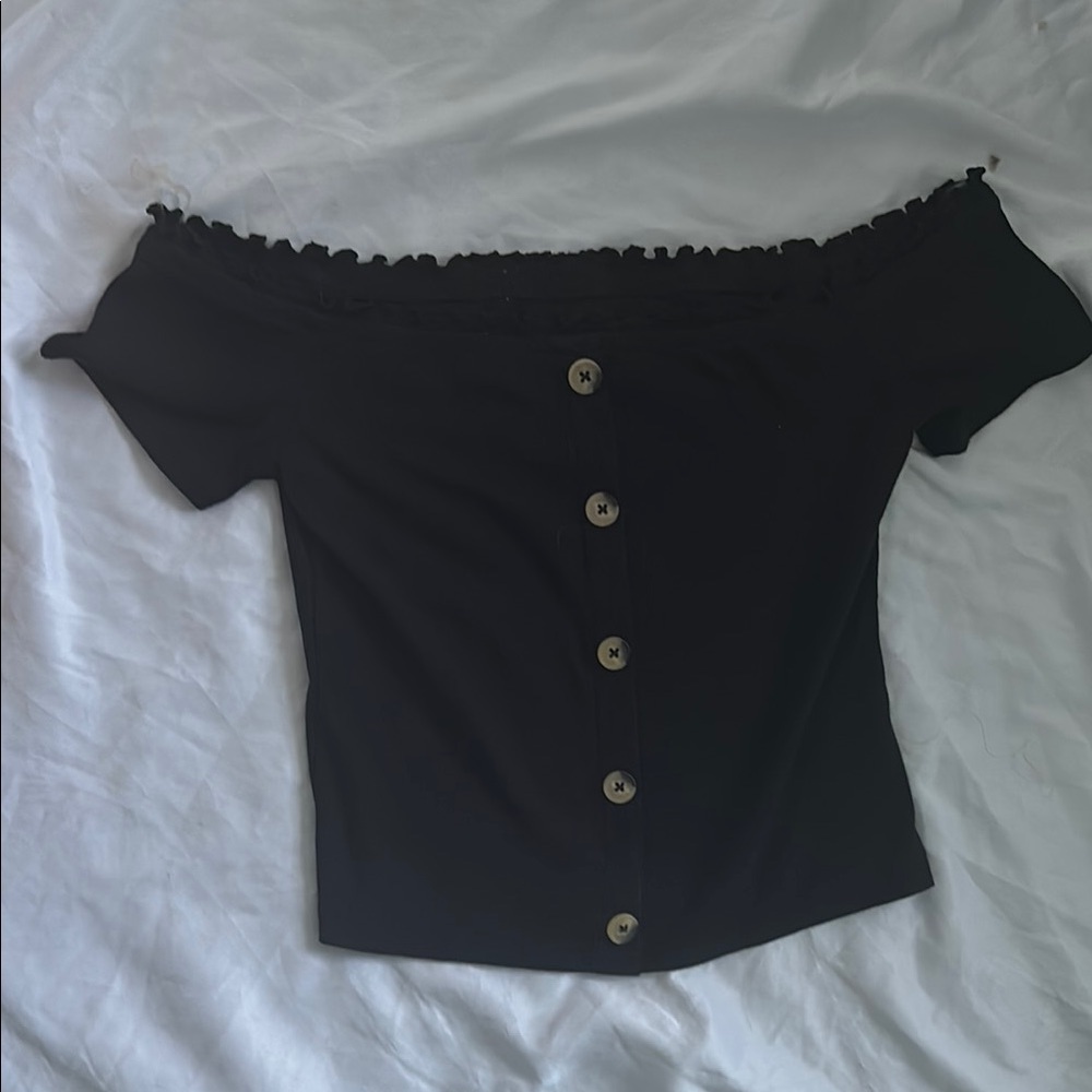 Off-Shoulder Black Buttoned Top